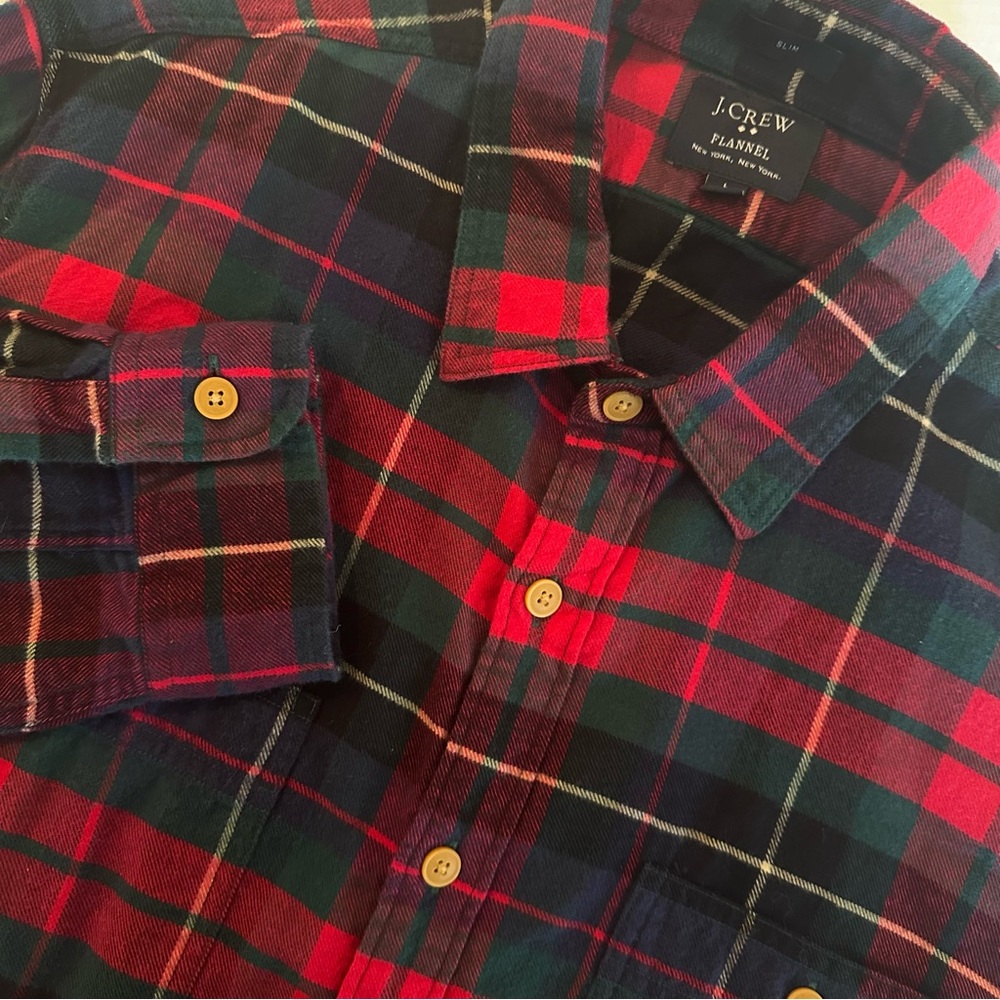 J. Crew Plaid Flannel Button Down Shirt Men's L Slim Fit Red Holiday Lumberjack